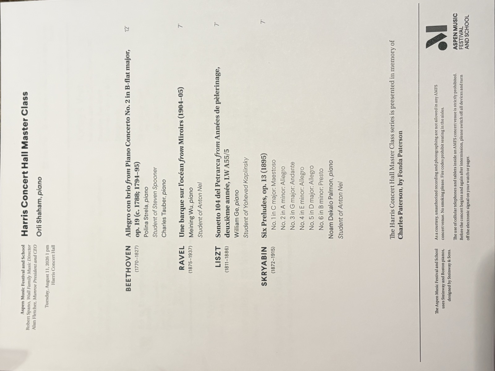Program for the Harris Concert Hall Master Class with Orli Shaham, August 11, 2026, listing Meining Wu performing Ravel’s Une barque sur l’océan from Miroirs
