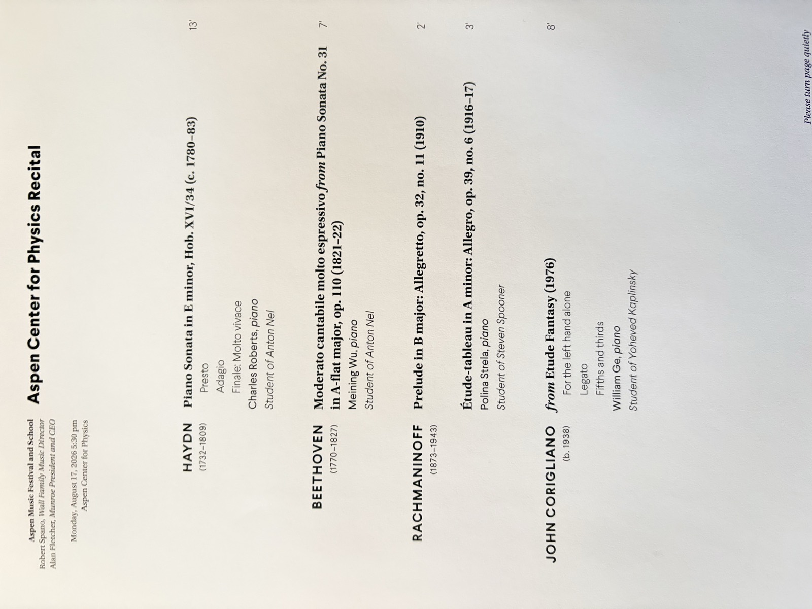 Program for the Aspen Center for Physics Recital, August 17, 2026, listing Meining Wu performing the Moderato cantabile molto espressivo from Beethoven’s Piano Sonata No. 31 in A-flat major, op. 110