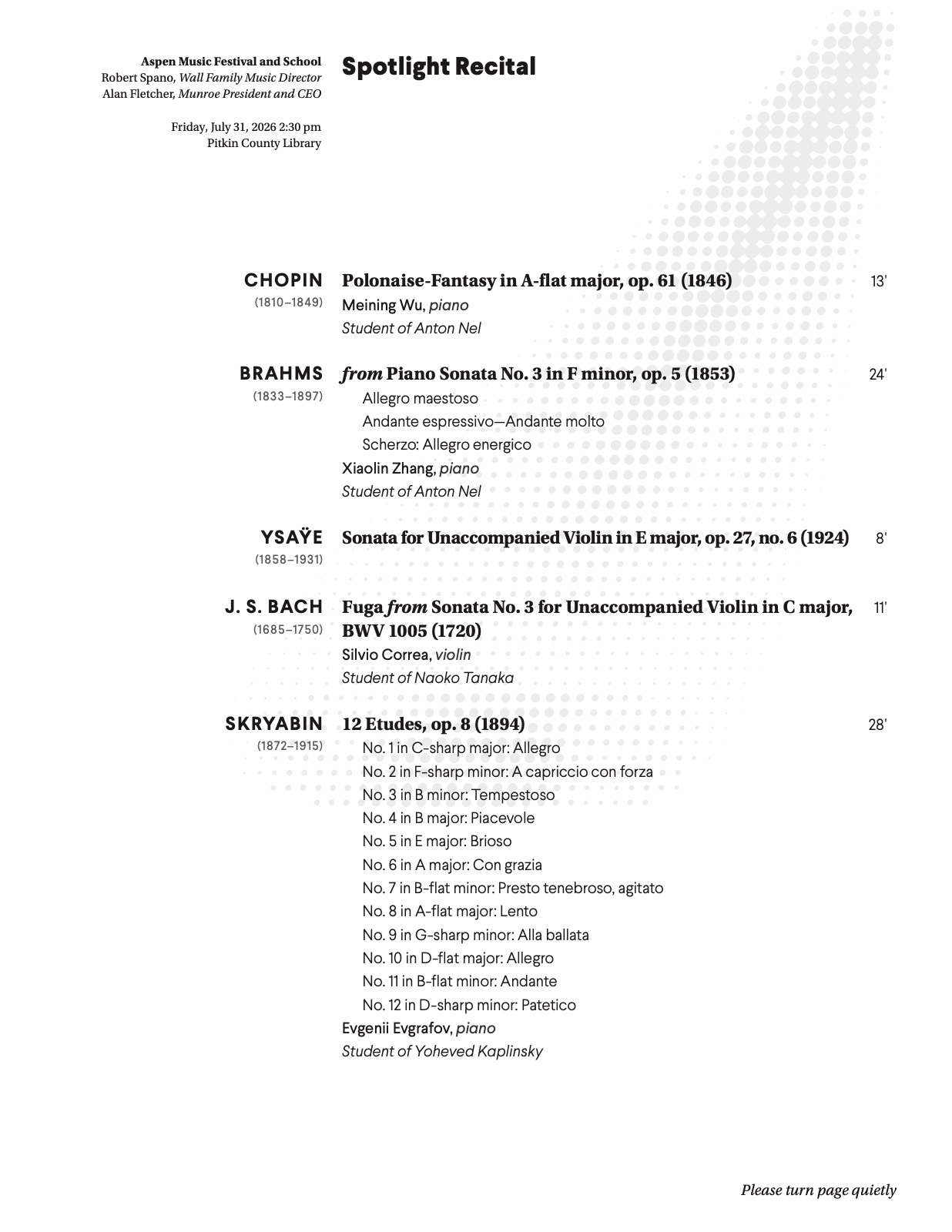 Program for the Aspen Music Festival Spotlight Recital at Pitkin County Library, July 31, 2026, listing Meining Wu performing Chopin’s Polonaise-Fantasy in A-flat major, op. 61