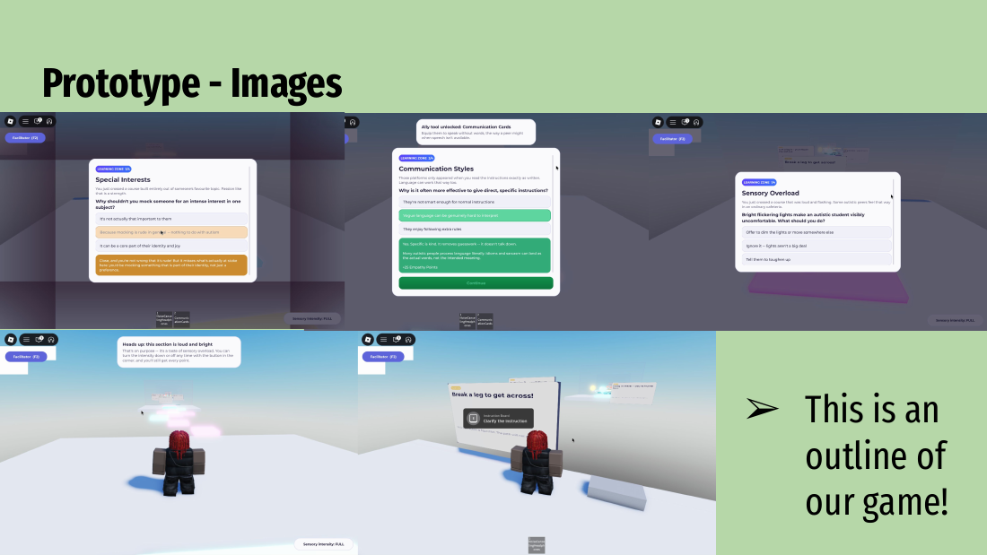 In-game screenshots of Empathy Engine, the Roblox game built by Meining’s group at the Stanford Neurodiversity Project REACH program